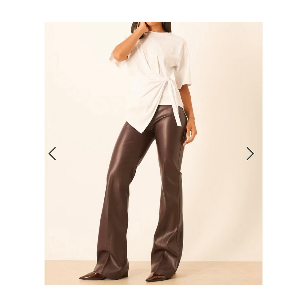 Faux Stretch Vegan Leather Flare Pants Chocolate Brown High Waist Y2K 90s Luxury